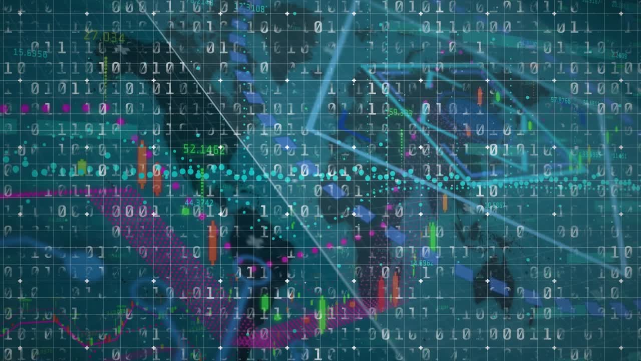 Animation of data processing and binary code over world map on green background