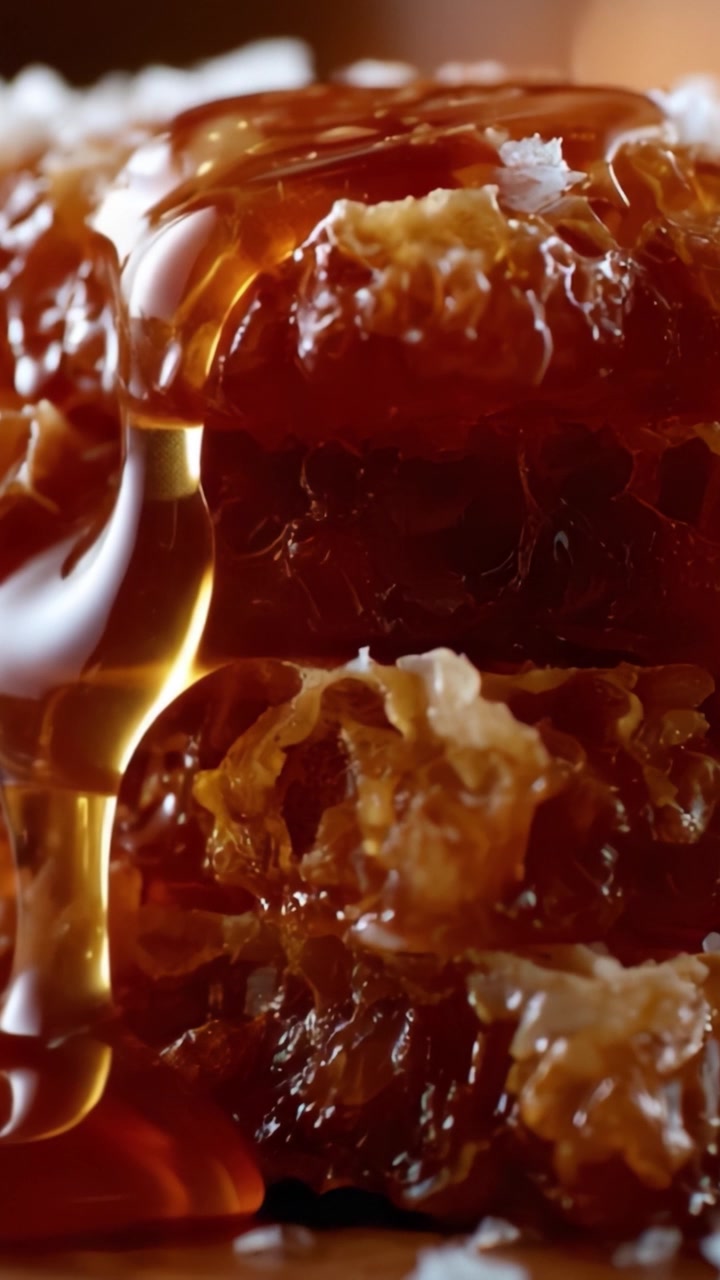 Una Vista Ravvicinata di un Favo Dorato Che Gocciola, Catturando la Consistenza Ricca e Dolce e l'Aspetto Lucido Che Ne Evidenzia la Dolcezza Naturale e la Struttura Unica
