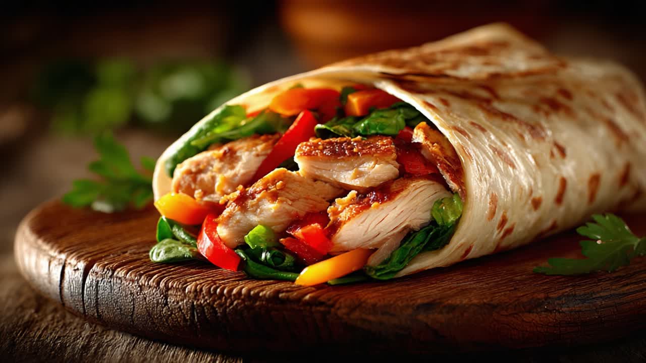 Deliciously Wrapped Chicken Burrito with Colorful Vegetables on a Rustic Wooden Board, Showcasing a Tempting Culinary Delight Ready to Enjoy