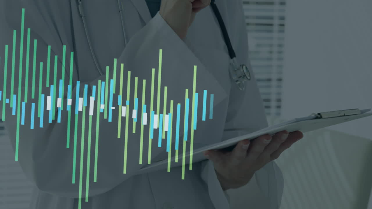 Doctor analyzing data on tablet with sound wave animation overlay