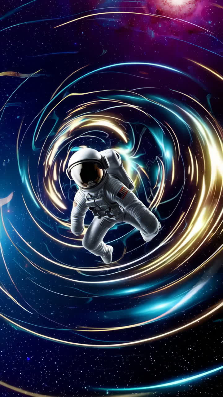 Astronaut Navigating a Cosmic Vortex with Swirling Light Trails
