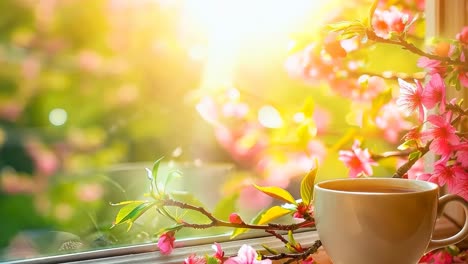 a cup of coffee sitting on a window sill next to a branch of flowers