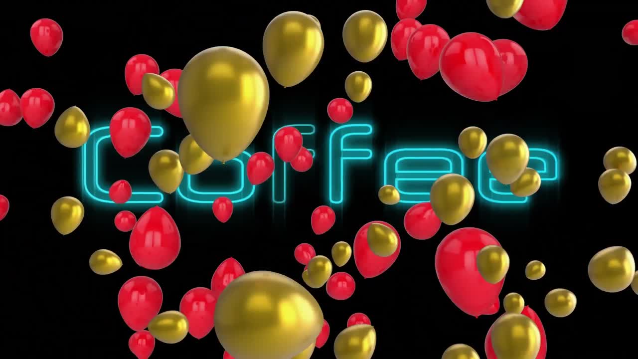 globos dorados y negros flotando sobre un cartel de texto de café azul neón contra un fondo negro
