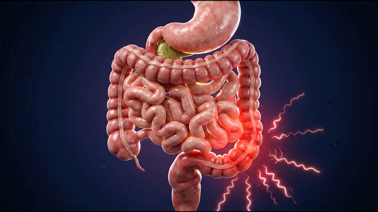 Human silhouette highlighting red glowing stomach and intestinal tract