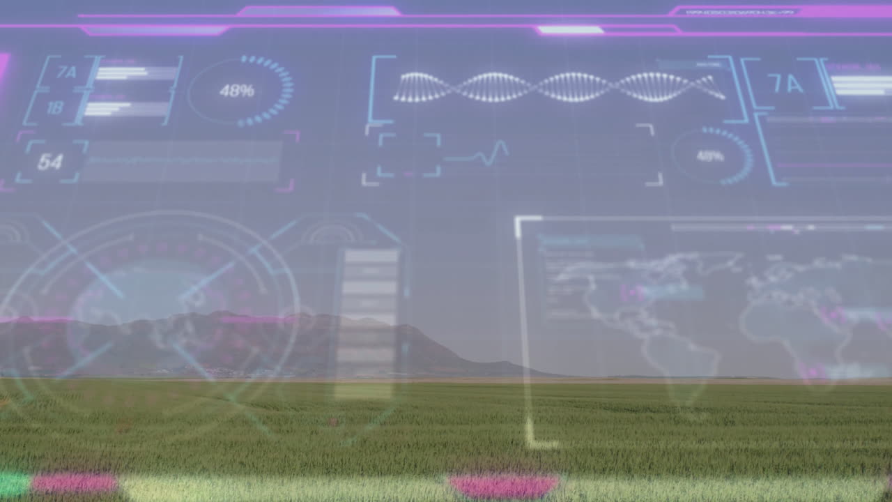 Open field displaying futuristic HUD over ridge, showing bar charts, line graphs and gauges
