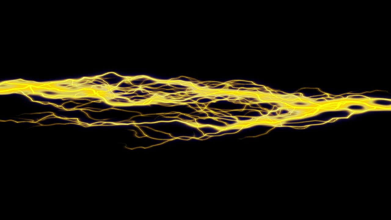 노란색 전기 에너지가 수평으로 (검은색 배경) 달리는 번개 루프 애니메이션