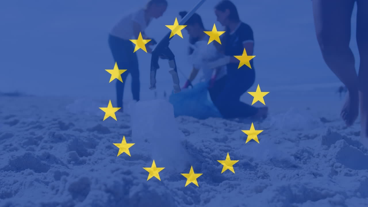 animación de la bandera de la ue sobre diversos voluntarios limpiando la playa