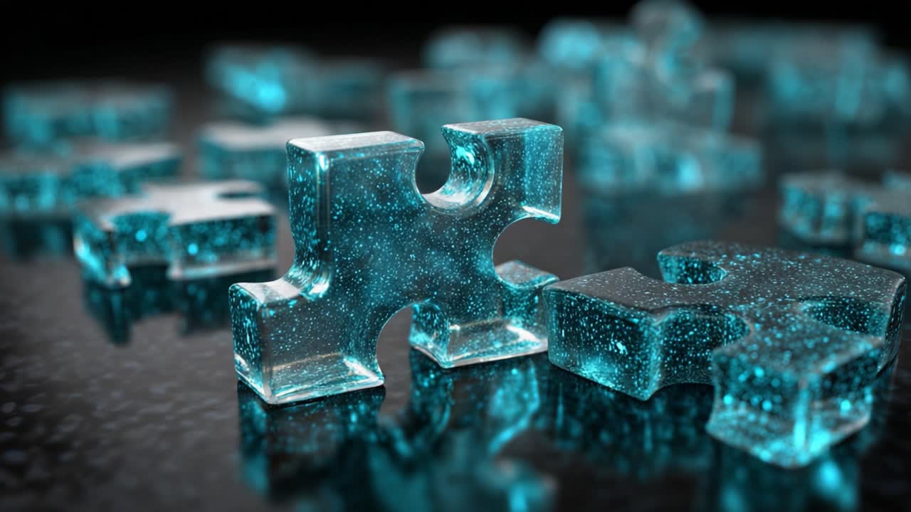 Luminous puzzle pieces made of transparent glass glowing with an inner blue light, symbolizing connection, strategy, problem solving, and finding the right solution in a business context