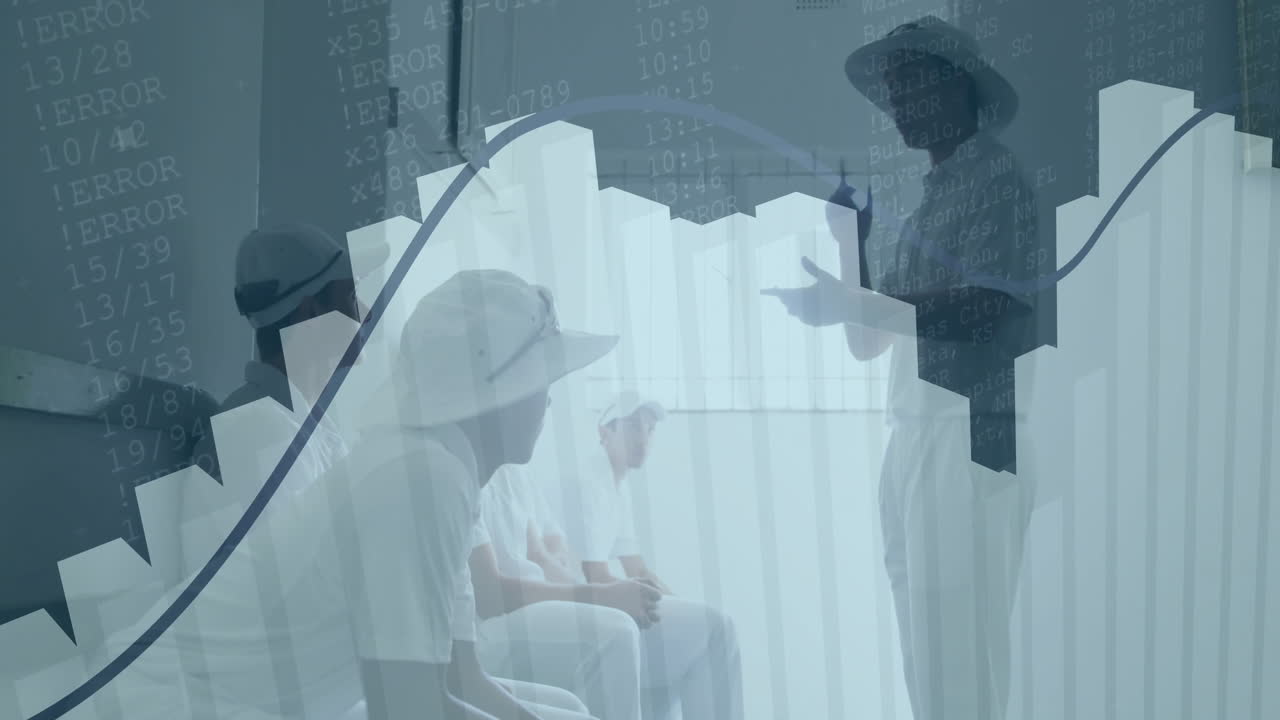 Coach gesturing toward team while animated bar chart tracking rising sports performance metrics