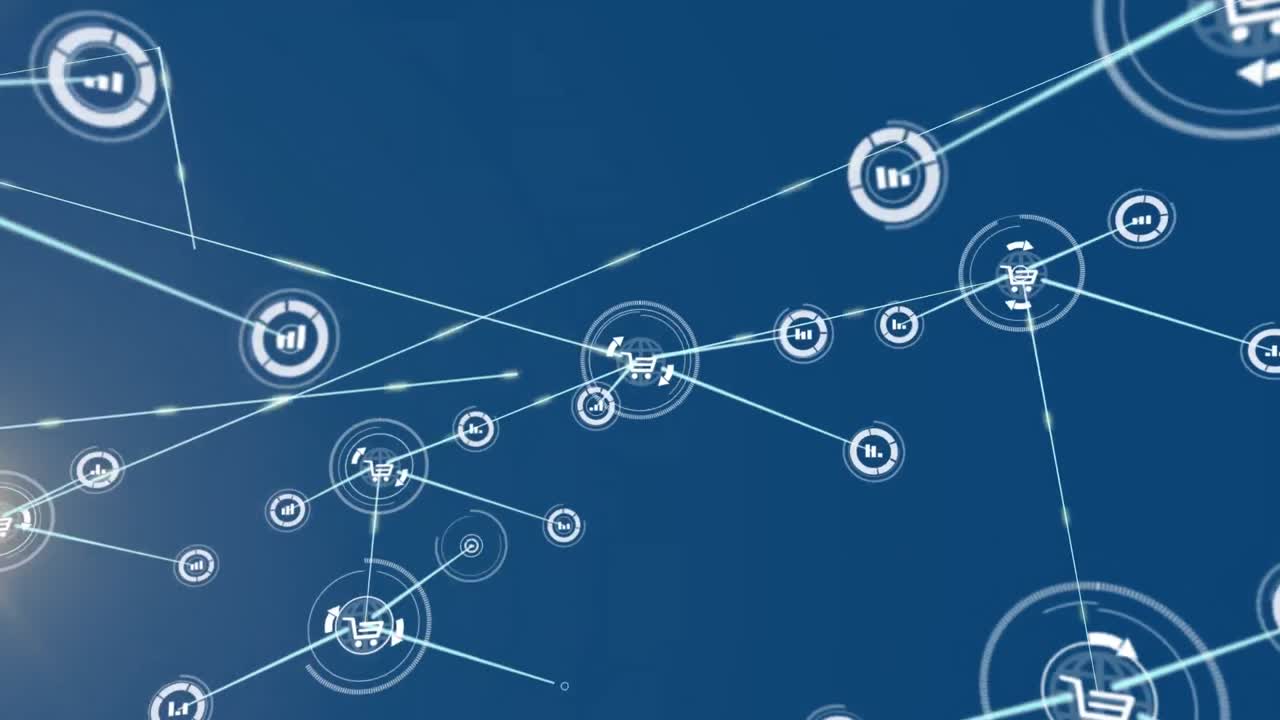 animación de la red de conexiones con iconos sobre fondo azul