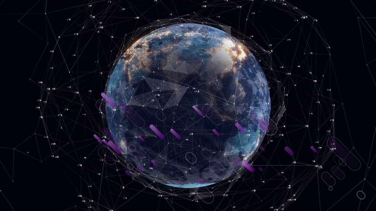 animación de senderos de luz púrpura y red de conexiones sobre un globo giratorio sobre fondo negro