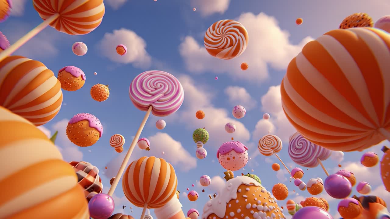 A Vibrant Fantasy World of Floating Candy and Sweet Treats Bathed in Bright Colors and Dreamy Skies, Capturing the Whimsical Essence of Sugar-filled Imagination