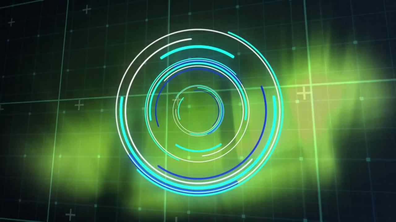 animación de escáner redondo de neón sobre red de red contra manchas de luz verde sobre fondo negro