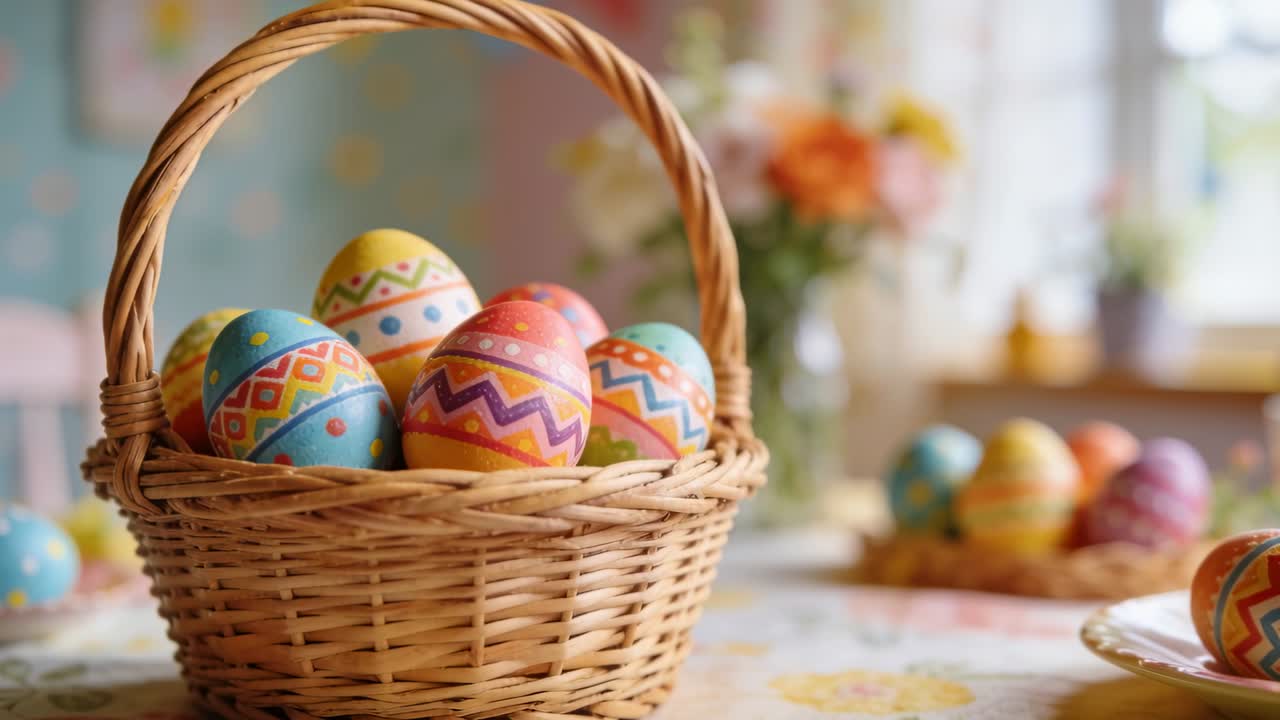 Camera moving closer to wicker basket on floral cloth, showcasing painted eggs for Easter styling