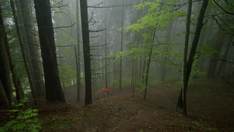 Mountain-biker-rides-down-steep-trail-in-a-foggy-forest