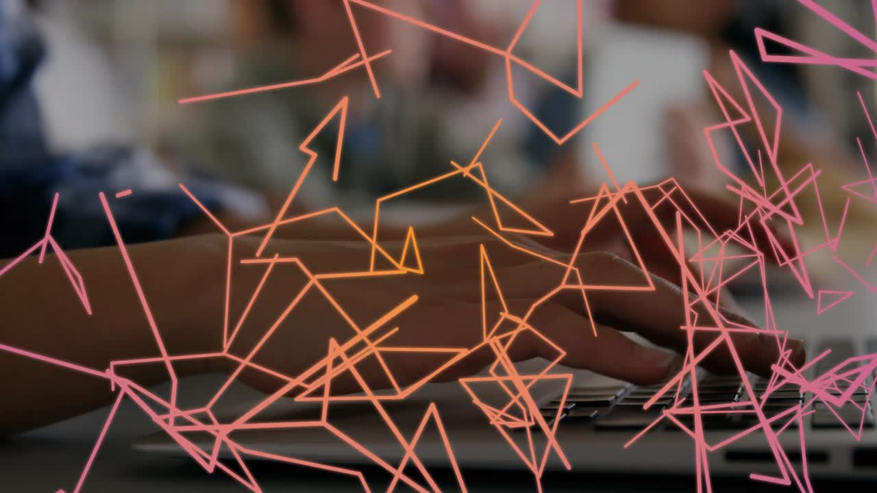 Student typing on laptop in study space, starting animated triangles, nodes showing education data
