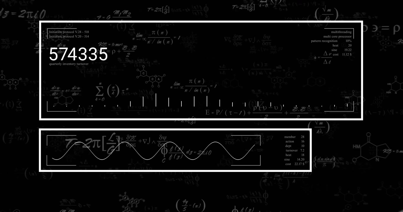 Animated Mathematical and Chemical Formulas on Black Background