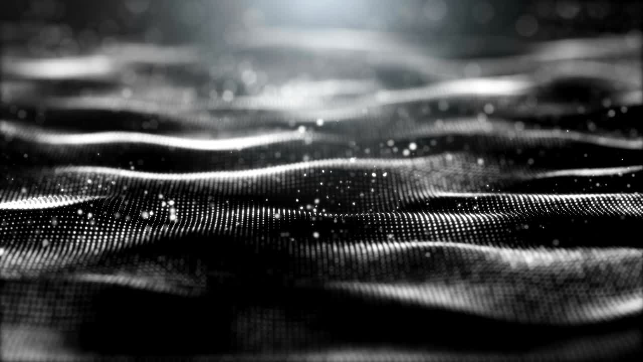 Seamless loop, Black background, digital signature with particles, sparkling waves, curtains and areas with deep depths. The particles are white light waves.