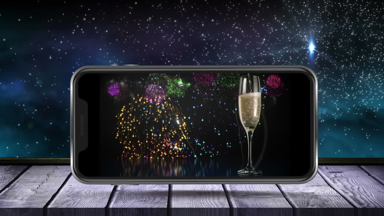 스마트폰 화면에 폭발하는 불꽃놀이와  ⁇ 페인 한 잔의 애니메이션이 표시됩니다.