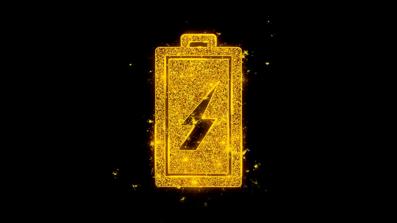 Battery Electricity Icon Sparks Particles on Black Background.