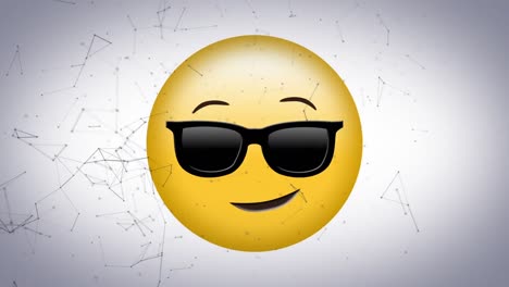 Animación-Digital-De-La-Red-De-Conexiones-Sobre-La-Cara-Con-Gafas-De-Sol-Emoji-Sobre-Fondo-Gris