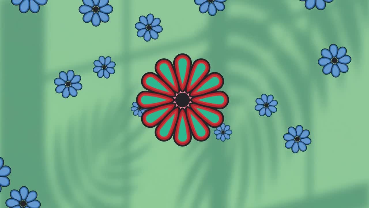 animación de flores azules flotando fuera de la cabeza de la flor roja, en verde con hojas y sombras de ventanas