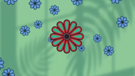 Animation-of-blue-flowers-floating-out-of-red-flower-head,-on-green-with-leaf-and-window-shadows