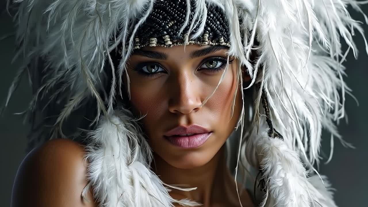 A woman wearing a white feathered headdress with feathers on her head