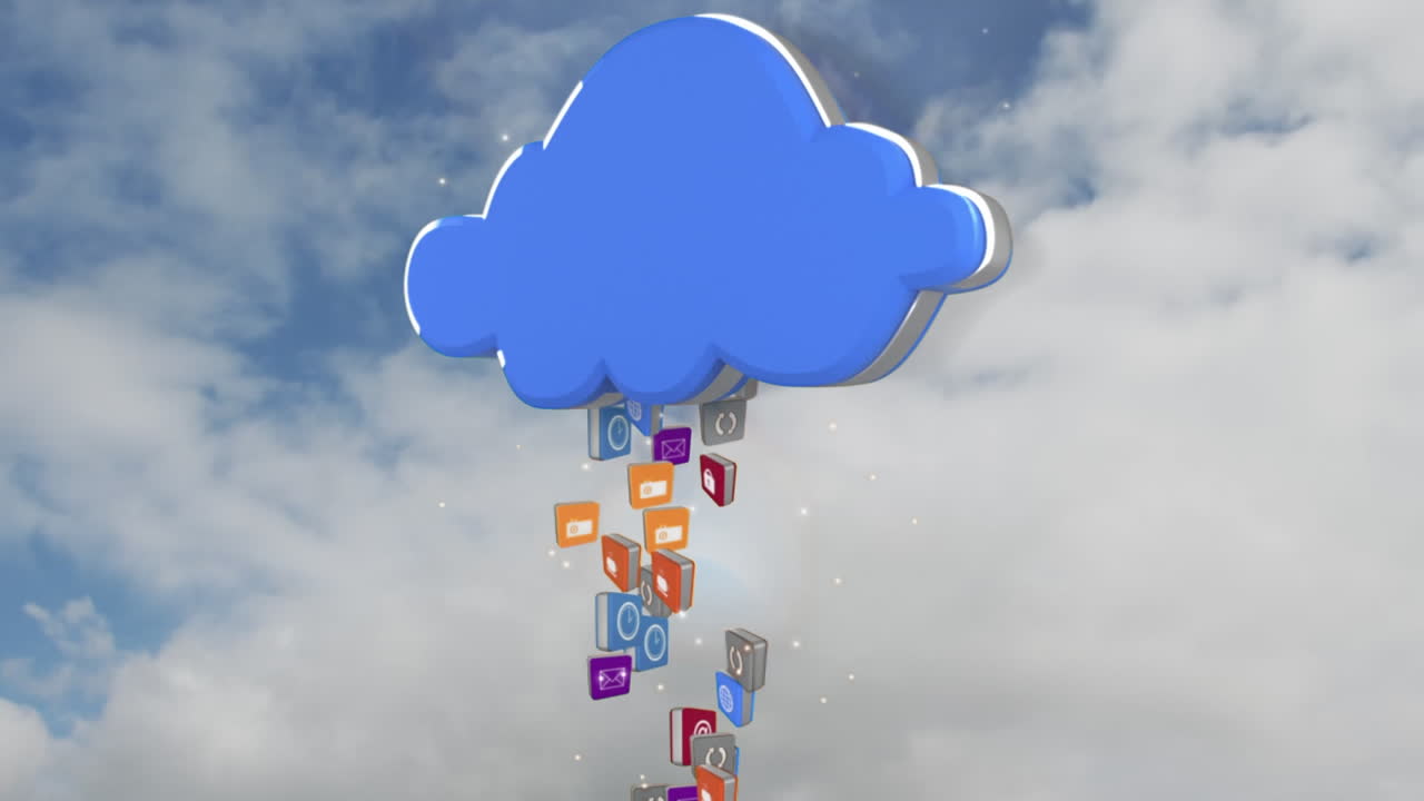 animación de iconos digitales que caen en una nube digital azul sobre el cielo en el fondo.