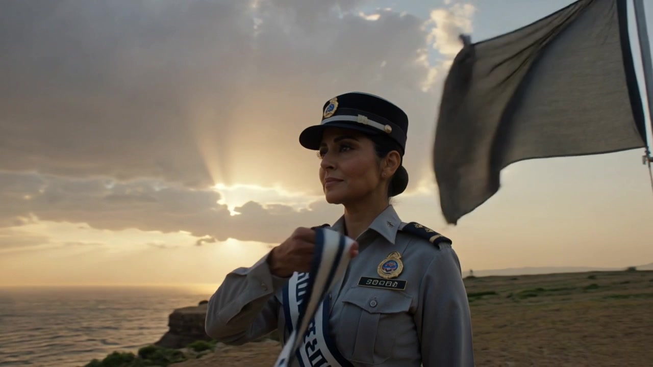 Ufficiale in uniforme che, regolando fascia e berretto, si dirige verso la bandiera che viene portata sulla scogliera al tramonto per la cerimonia.