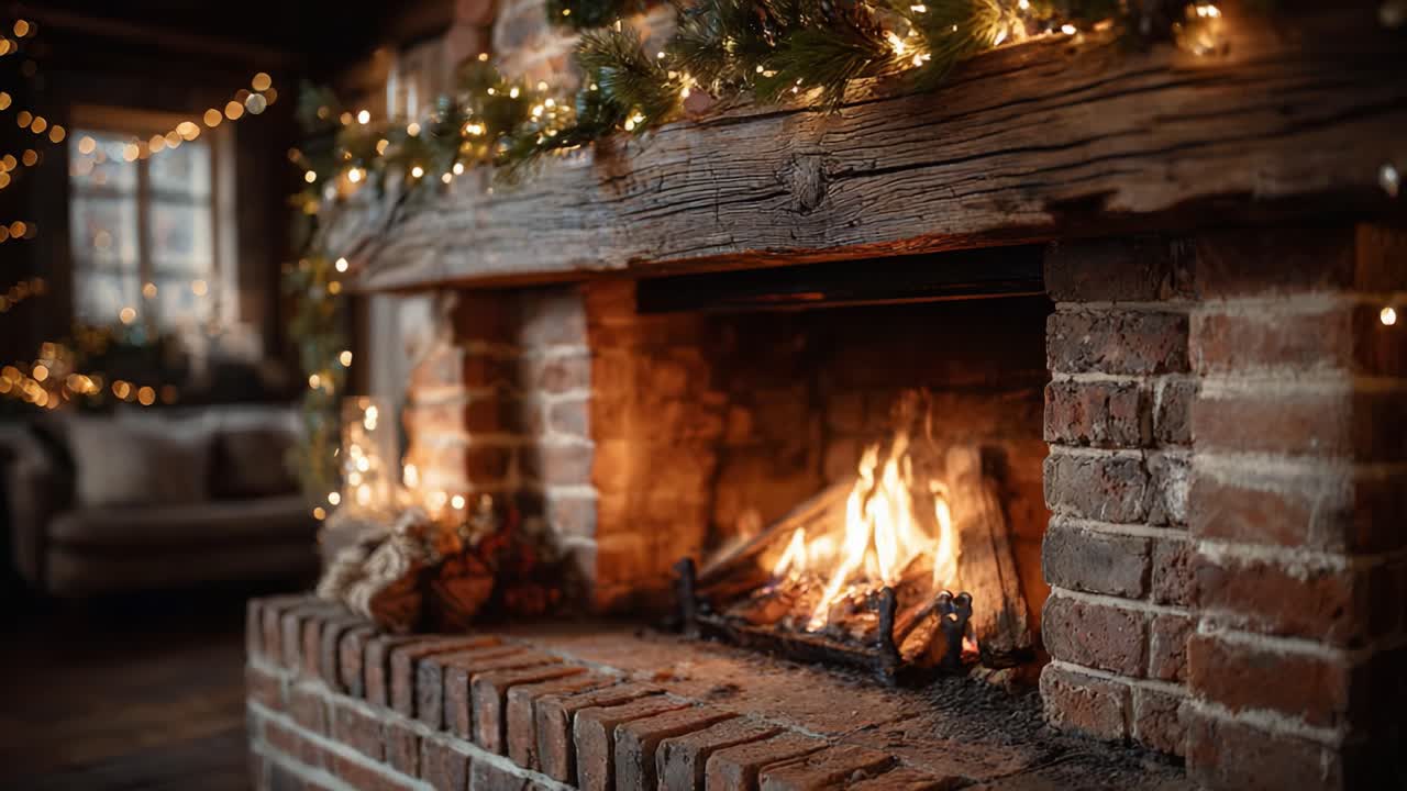 Cozy Fireplace Scene with Warm Flames and Holiday Decorations Creating a Welcoming Atmosphere in a Rustic Living Room Setting
