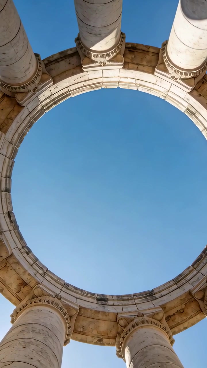 Telecamera che ruota e si inclina lentamente sotto l'oculo di un colonnato, rivelando dettagli architettonici
