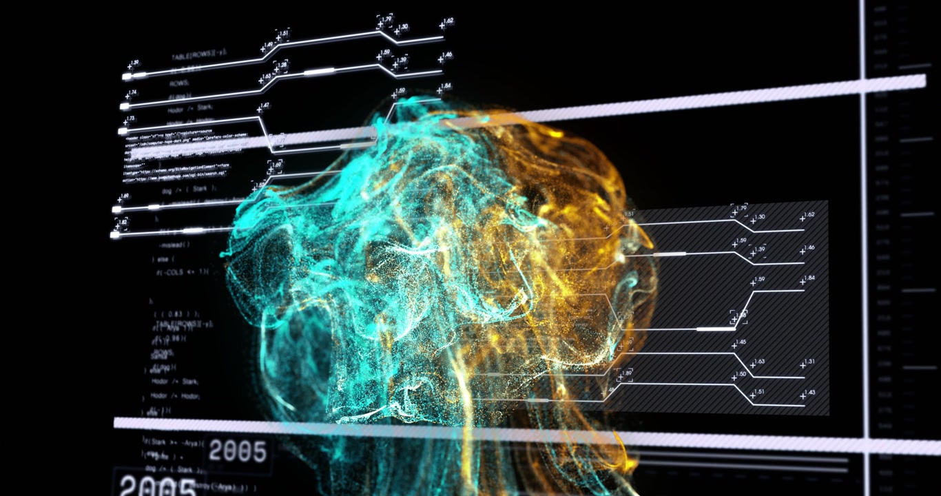 Abstract particle swirl moving through network grid highlighting code fragments and year markers