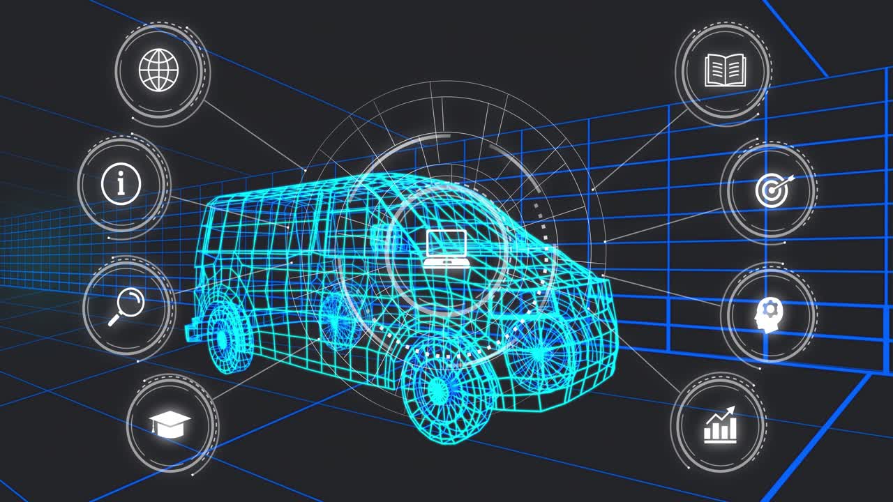 On boot HUD rings pulsing, rotating; cyan 3D van staying centered, icons sliding for diagnostics