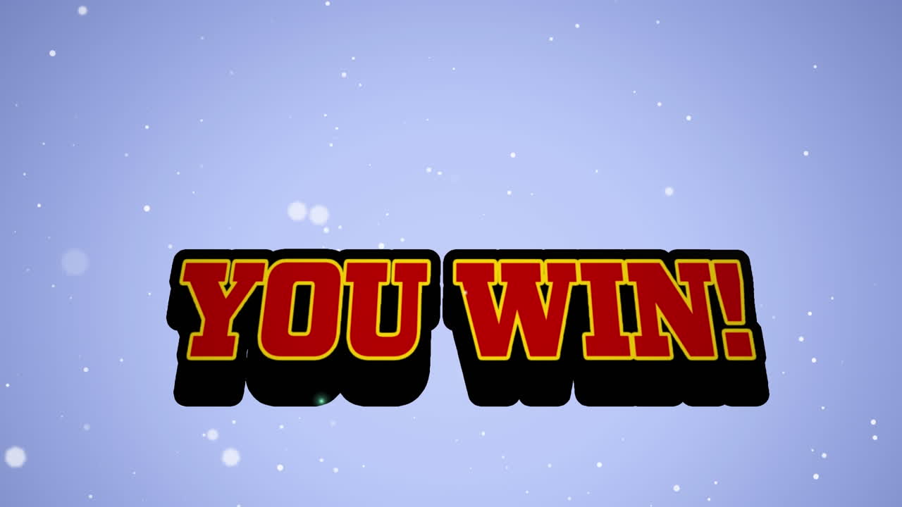 빨간색 텍스트의 애니메이션 당신이 승리, 파란색에 떠다니는  ⁇ 색 반점 위에 폭발