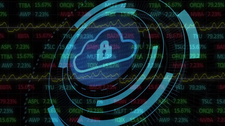 Animation of scope scanning with padlock icon over stock market on black background