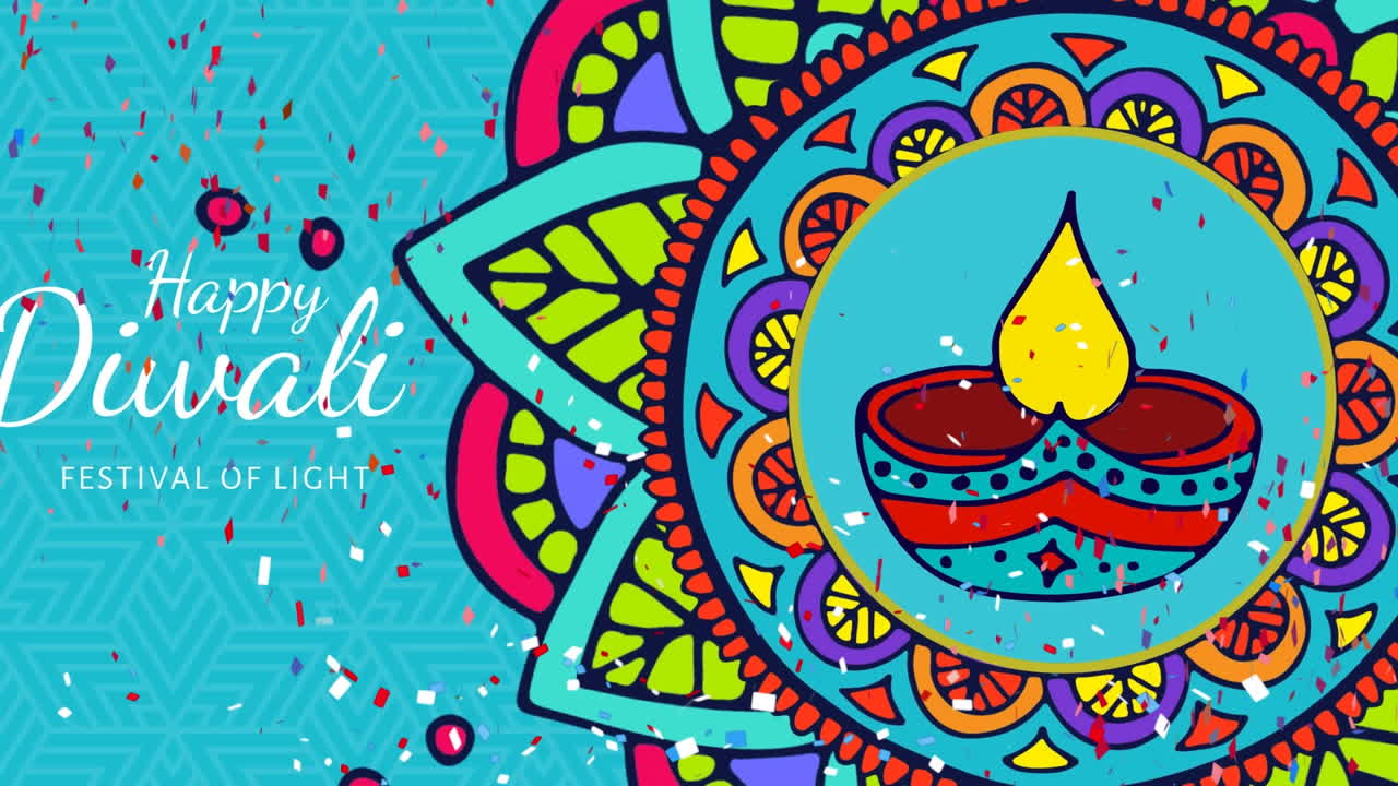 파란색 배경에 화려한 콘페티와 장식적인 만달라 위에 행복한 디발리의 애니메이션