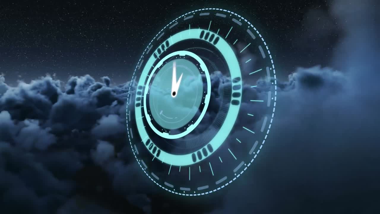Animace rotujícího trezorového zámku s hodinovou ručičkou nad mraky