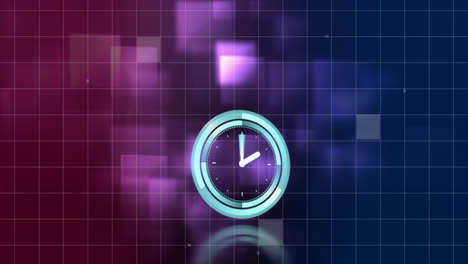 Animation-Einer-Uhr,-Die-Sich-In-Einem-Violetten-Und-Dunkelblauen-Digitalen-Raum-Mit-Quadraten-Bewegt