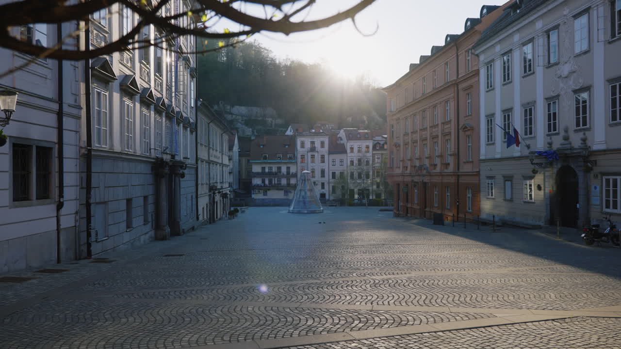 Empty City Square in Ljubljana, Slovenia on a Sunny Morning