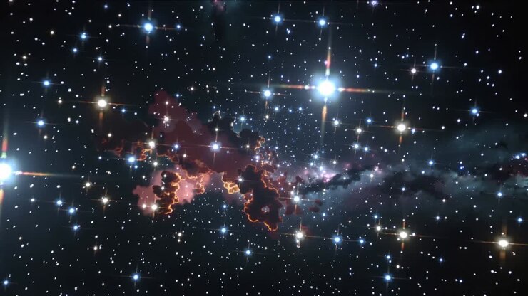 Starting camera moving through dense starfield showing dark nebula rims and bright star spikes