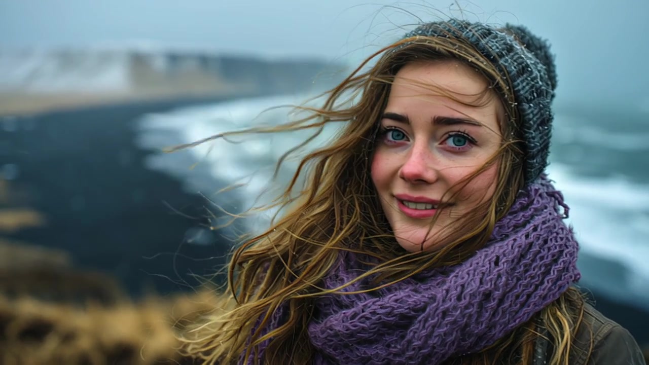 Detailopname van een jonge vrouw met wapperend haar, gekleed in een gebreide muts en sjaal, nabij ruige zeekliffen op een koude, bewolkte dag aan de oceaan.