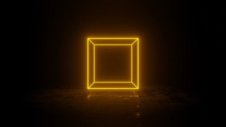 Cubo giratório com bordas de néon laranja. Fundo animado gráfico de movimento simples.