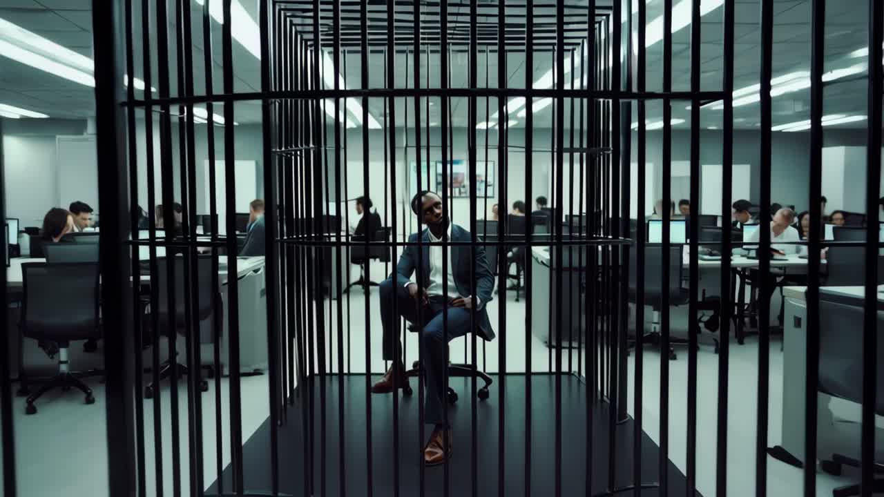 Businessman is sitting in a cage in the office, feeling trapped and surrounded by his working colleagues, symbolizing the pressure and confinement of the corporate world