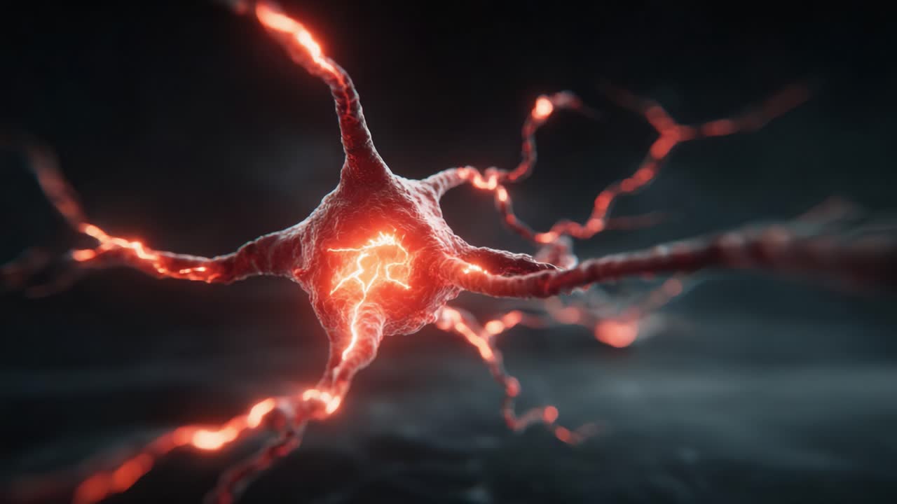 A Close-Up View of a Neuron Revealing the Intricate Structure of Nerve Cells and Their Electrical Activity in a Stunningly Detailed 3D Visualization