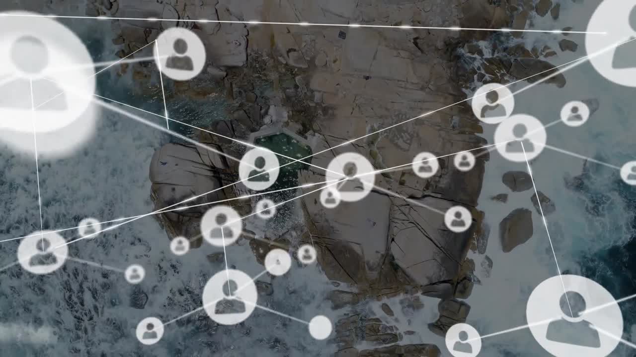 animación de la red de conexiones con iconos sobre la vista del mar