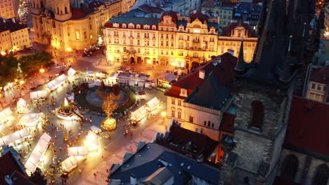 aerial view easter market in prague at twilight