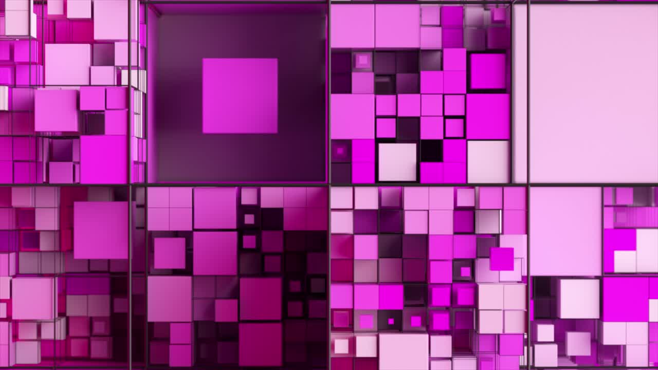 fondo abstracto con cubos de movimiento. una matriz de cuadrados de diferentes tamaños en una cuadrícula. animación 3d de un bucle sin costuras