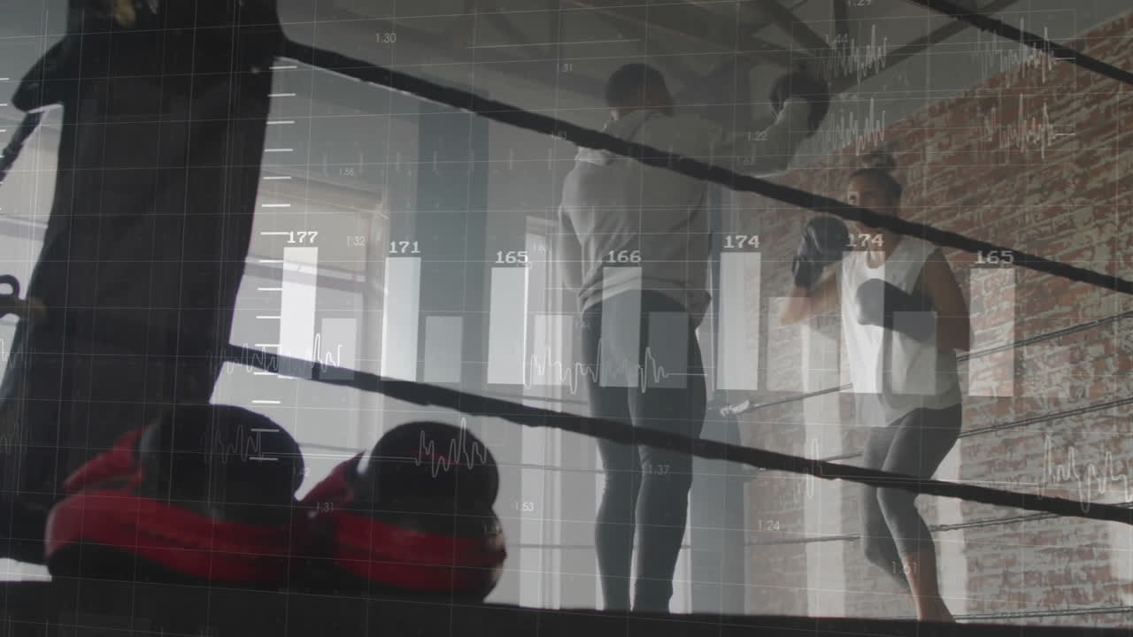 Boxers training in gym with data processing animation overlaid on scene