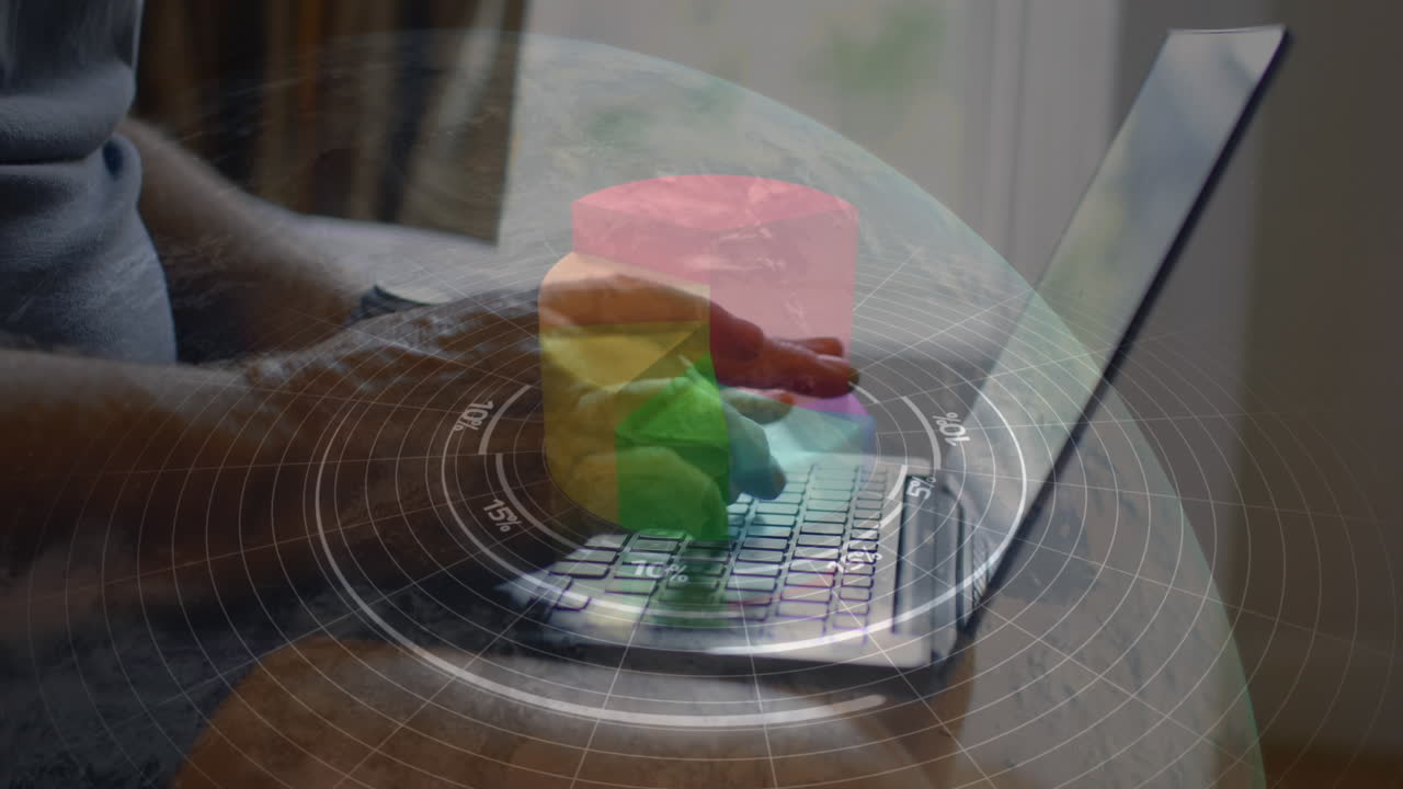 animación de gráfico circular 3d en todo el mundo contra la sección media de un hombre caucásico trabajando en una computadora portátil en casa